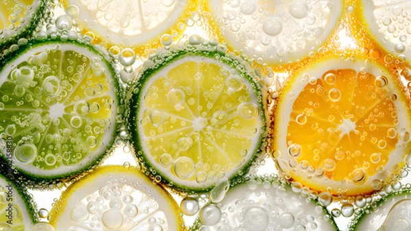 Fototapeta Close-ups of Lemon and Lime Slices Splashing and Dropping into Sparkling Fizzy Water, Refreshing Citrus Burst, and Used in Ads, Social Media, Packaging, Banners, Websites, Menus