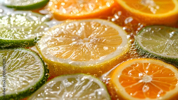 Fototapeta Close-ups of Lemon and Lime Slices Splashing and Dropping into Sparkling Fizzy Water, Refreshing Citrus Burst, and Used in Ads, Social Media, Packaging, Banners, Websites, Menus