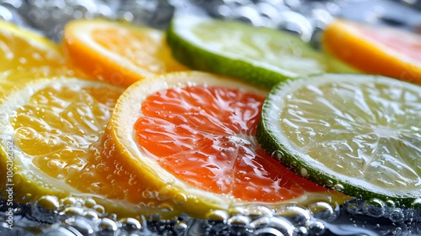Fototapeta Close-ups of Lemon and Lime Slices Splashing and Dropping into Sparkling Fizzy Water, Refreshing Citrus Burst, and Used in Ads, Social Media, Packaging, Banners, Websites, Menus