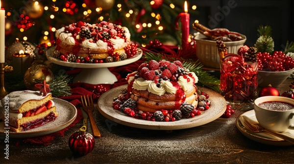 Fototapeta Indulge in festive Christmas buffet table adorned with delicious cakes, fresh berries, and elegant decorations, creating warm and inviting atmosphere