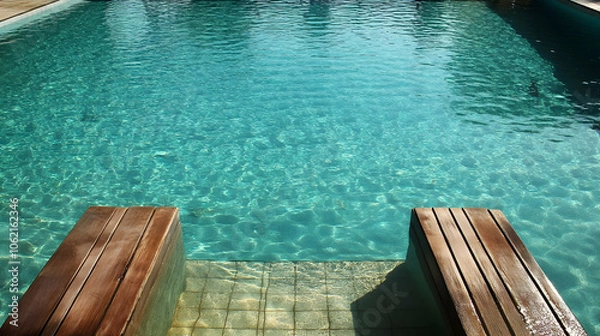 Fototapeta A refreshing swimming pool with crystal-clear blue water and wooden deck steps, creating a relaxing and tranquil aquatic retreat.

