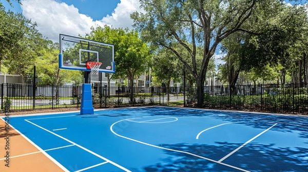 Fototapeta A vibrant blue basketball court surrounded by tall trees and a modern fence, offering a perfect setup for outdoor games on a sunny day