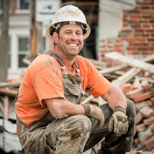 Obraz Builder sitting on bricks at construction site
