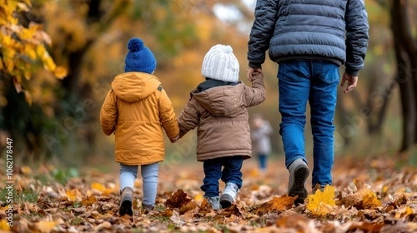 Fototapeta A father holds hands with his two children as they stroll through a forest blanketed in vibrant autumn leaves, reveling in the beauty of the season and family bonds