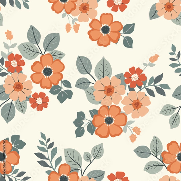 Fototapeta Seamless floral pattern, abstract ditsy print, folk style ornament of yellow flowers. Cute botanical design tile: decorative art hand drawn flowers, small leaves, simple bouquets. Vector illustration.