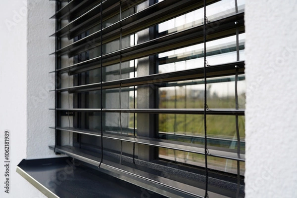 Fototapeta Outdoor blinds on the window. We see the individual slats in the color of anthracite.