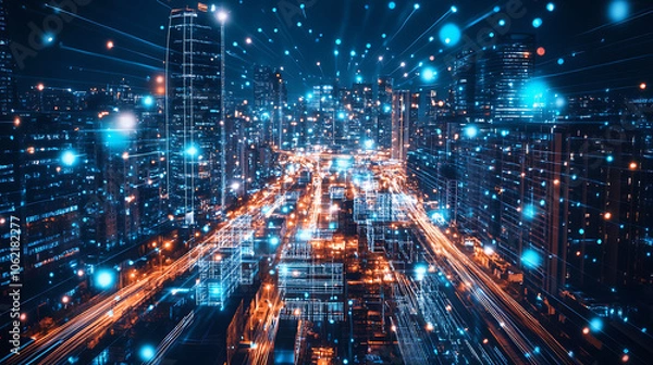 Fototapeta City skyline at night with vibrant lights and digital effects, showcasing urban life and technology. scene captures essence of modern metropolis