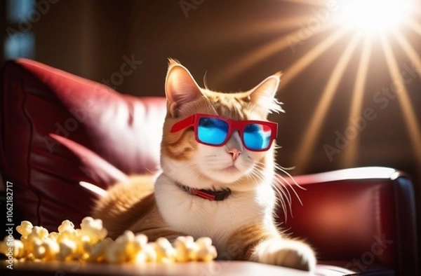 Fototapeta A cat with glasses is watching a movie. Cute ginger cat with popcorn on sofa in cinema. Spotlight in background. Glasses for 3D film. Invitation to buy tickets. Online service for watching movies