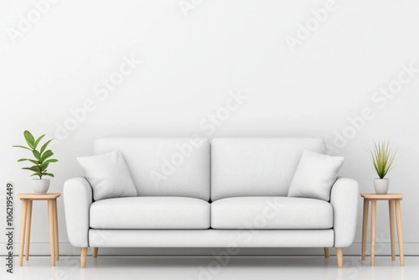 Fototapeta Bright and inviting modern living room featuring a white sofa and greenery