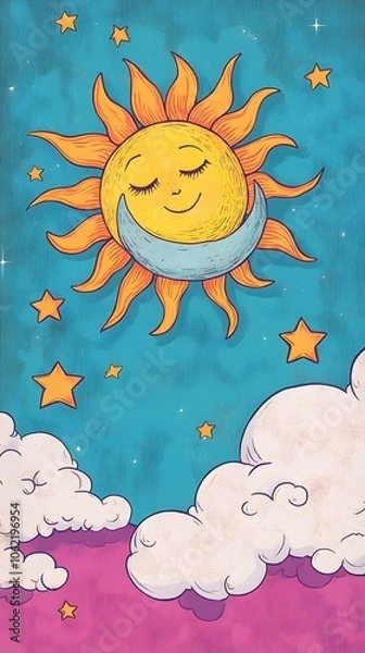 Fototapeta The sun and the moon in a cartoon style, with clouds in between them.