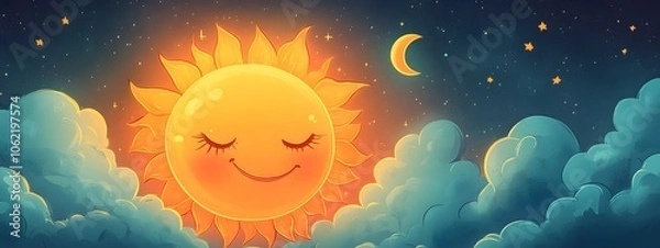 Fototapeta The sun and the moon in a cartoon style, with clouds in between them.