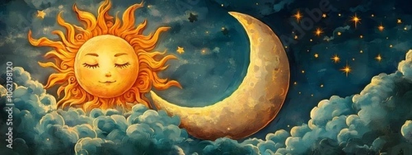 Fototapeta The sun and the moon in a cartoon style, with clouds in between them.