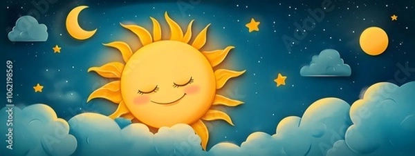 Fototapeta The sun and the moon in a cartoon style, with clouds in between them.