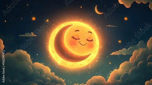 Fototapeta The sun and the moon in a cartoon style, with clouds in between them.