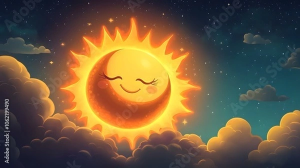 Fototapeta The sun and the moon in a cartoon style, with clouds in between them.