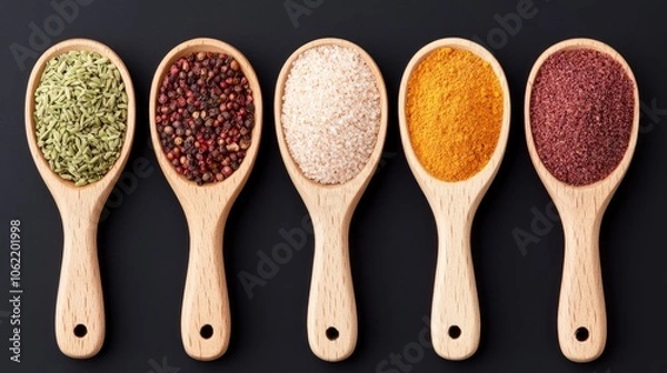Fototapeta Vibrant array of colorful spices in wooden scoops against a dark backdrop for gourmet cooking inspiration