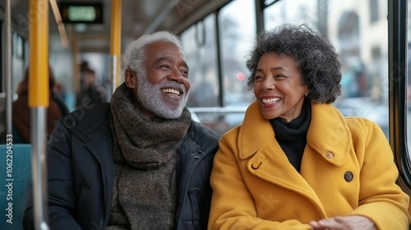 Obraz A diverse elderly couple smiling warmly at each other while sitting together in a public transport setting