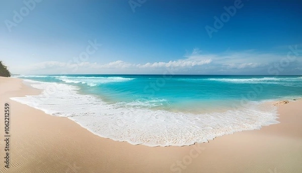 Fototapeta Beautiful sandy beach and soft blue ocean wave horizon view with white clouds on a sunny day