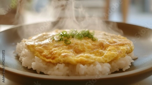 Fototapeta steaming rice with a fluffy golden omelet on a ceramic plate. The omelet has slightly crispy edges and a soft texture in the center. It is garnished with chopped spring onions or coriander for color