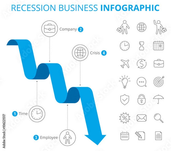 Obraz Vector flat line infographic elements. Downward blue arrow and icons represent process of recession business. Vector illustration of decrease arrow and business icon set isolated on white background.