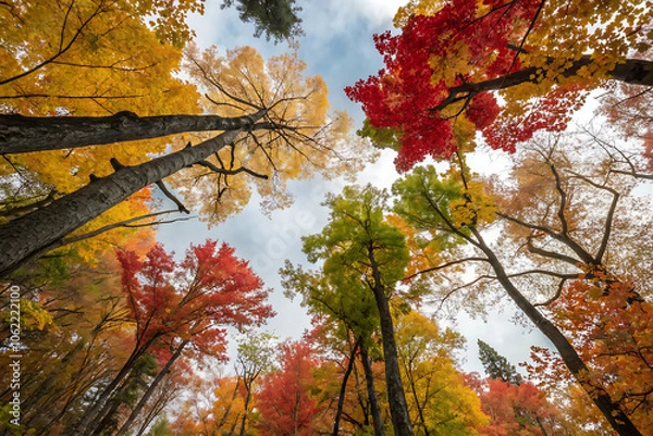 Obraz Autumn forest canopy sunlight through trees.
