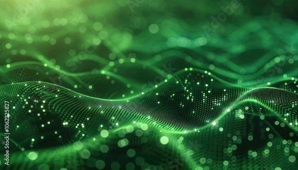 Obraz Abstract Green Wavy Surface with Glowing Dots and Bokeh Lights