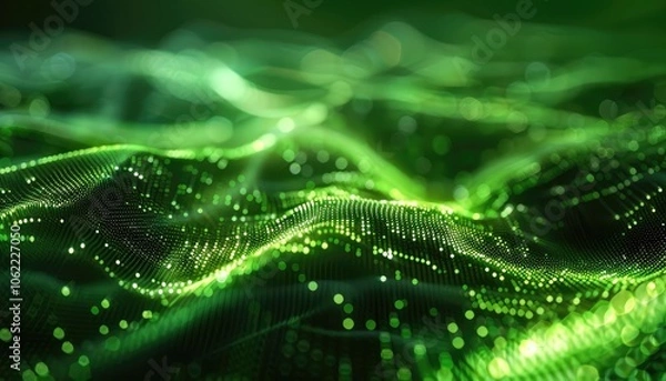 Fototapeta Abstract Green Digital Wave with Glowing Particles