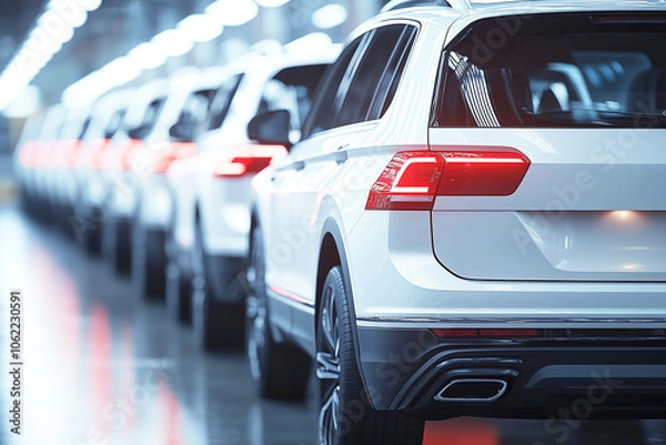 Fototapeta Row of white cars are lined up in a factory. The cars are all the same model and are in the process of being assembled.