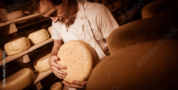 Fototapeta Cheese maker cleaning cheeses in his workshop