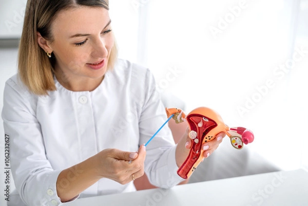 Obraz The gynecologist shows the structure and principle of operation of the ovaries on the anatomical model of the uterus