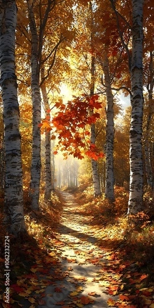 Fototapeta A serene autumn path bordered by birch trees, their white bark contrasting beautifully with vibrant red and orange leaves, inviting a peaceful stroll through nature's artistry.