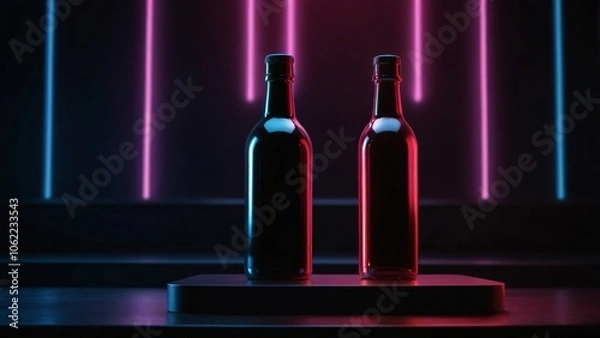 Fototapeta Two bottles illuminated by vibrant neon lights, creating a modern and stylish atmosphere. Perfect for showcasing beverages or nightlife themes.