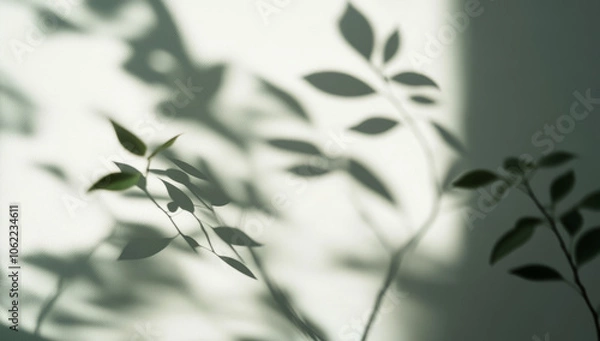 Fototapeta Abstract background with shadows of leaves on a white wall,