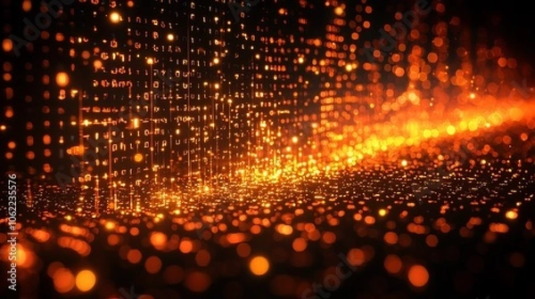Fototapeta Dynamic Data Flow: Abstract Visualization of Digital Binary Code in Glowing Orange Tones