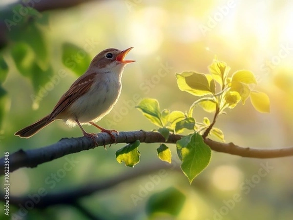 Fototapeta Small bird perched on branch, highlighting song, wildlife, and natural environment, close-up view