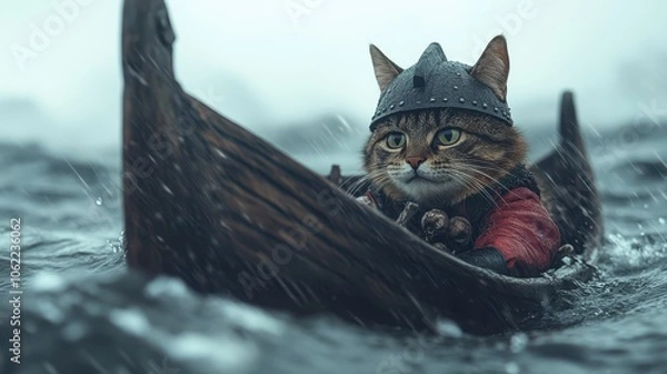 Fototapeta A brave cat in a Viking helmet navigating stormy waters in a wooden boat during a rainy day