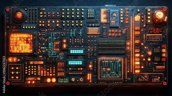 Fototapeta Futuristic Control Panel with Glowing Lights and Interactive Digital Interfaces