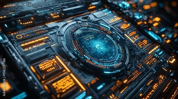 Obraz Futuristic Digital Interface with Circuit Board Elements and Neon Lights