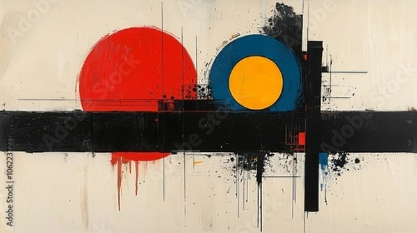 Fototapeta Abstract Geometric Art with Bold Red Circle and Blue Yellow Elements on Textured Canvas