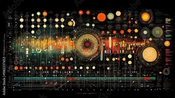 Fototapeta Abstract Data Visualization with Vibrant Circular and Linear Patterns on Black Background