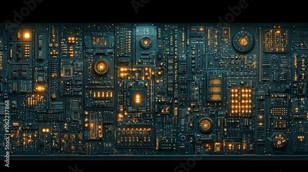 Fototapeta Futuristic Circuit Board with Glowing Elements and Complex Technology Design