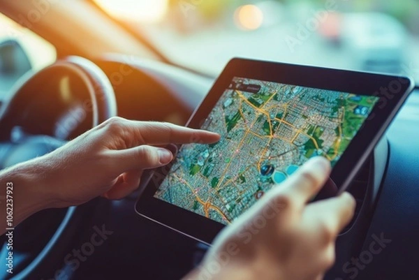 Fototapeta User Navigates Directions on Tablet Inside Car