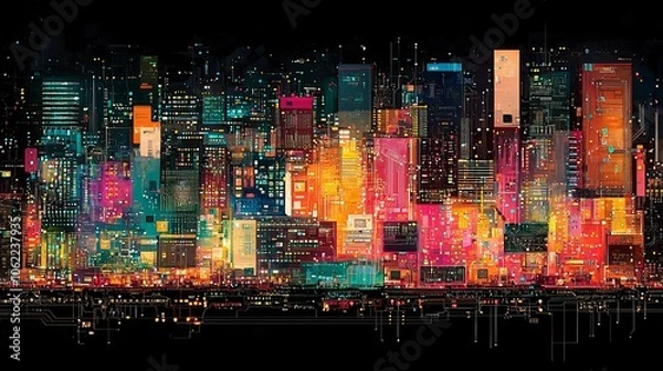 Fototapeta Futuristic Digital Cityscape with Vibrant Neon Skyscrapers and Technological Vibes