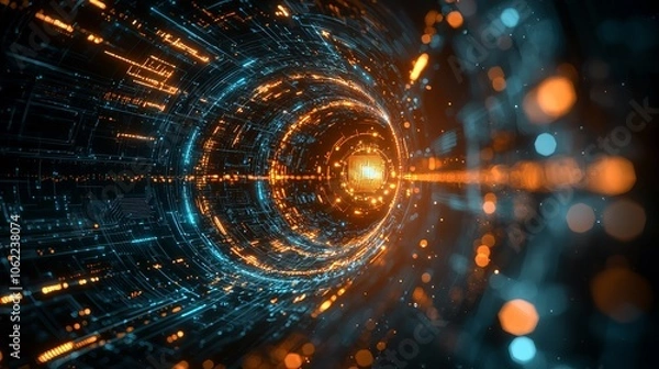 Fototapeta Futuristic Digital Tunnel with Glowing Orange and Blue Lights in a Virtual Reality Data Stream