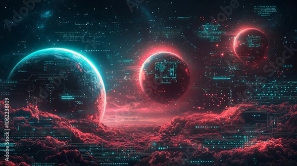 Fototapeta Futuristic Digital Space Landscape with Planets and Data Overlays
