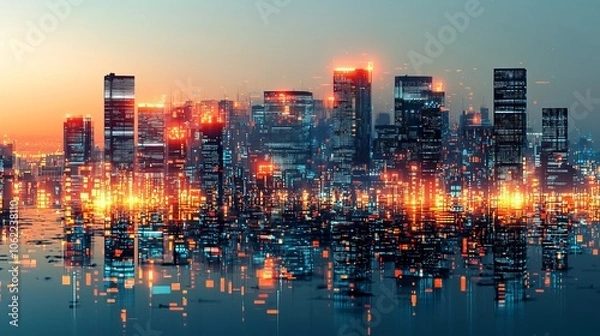 Fototapeta Futuristic Cityscape at Dusk with Neon Lights Reflections and Digital Effects