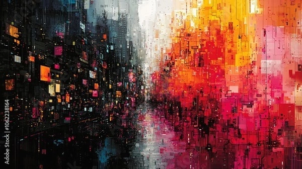 Fototapeta Abstract Digital Cityscape Reflecting Vibrant Colors and Urban Energy in a Pixelated Art Style