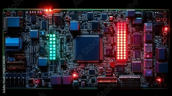 Fototapeta Futuristic Circuit Board with Vibrant LED Lights and Advanced Microchip Technology