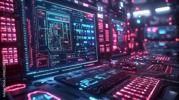 Fototapeta Futuristic Cybersecurity Command Center with Neon Data Screens and Advanced Technology