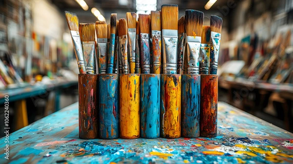 Fototapeta Artistic workspace with paintbrushes in vibrant colors and textures